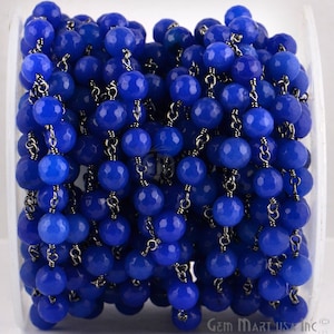 One foot Blue Jade, 8mm Oxidized wire wrapped Rosary Chain by foot. (BPBJ-30013)