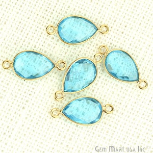 Blue Topaz Quartz Bezel Connector, 8x12mm Bezel Pears Shape 24k Gold Plated Double Bail Link Connector 1pc (HB-10154)
