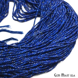 May include: A strand of deep blue lapis lazuli beads, each bead is faceted and measures approximately 3mm in diameter. The beads are strung on a thin thread and are ready to be used for jewelry making.