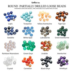 May include: Assortment of 16 different colors of partially drilled gemstone beads. Each bead is 7mm in diameter and is shown in a group of 10 beads. The beads are arranged in four rows of four.