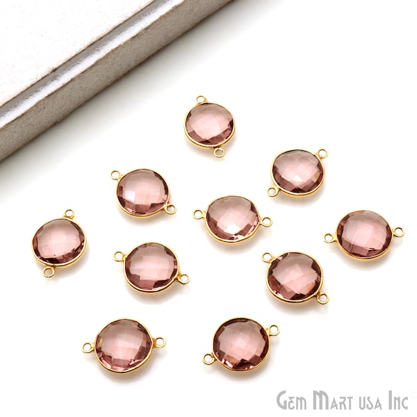 Morganite Gemstone Connector With Faceted Round Shape in Gold Bezel Setting, Double Bailed DIY Jewelry, 12MM (MR-10156)