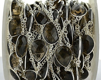 One Foot Smoky Topaz, 15mm up Silver Plated Bezel Connector Chain by Foot. GemMartUSA (spst-20003)