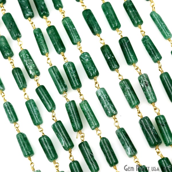 Aventurine Beads Rosary Chain, 10x4mm Aventurine Gemstone Tumble Beads Necklace, Gold Plated Rosary Chain GemMartUSA (GPAV-30236)