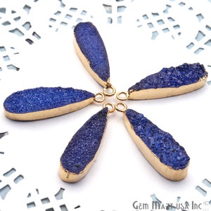 Blue Electro Druzy Connectors, Long Drop Pendants, Single Bail, Gold Electroplated, DIY Pendants, 24X8MM GemMartUSA (BEZ-11310)