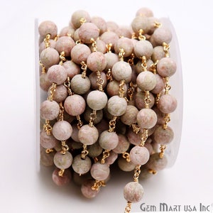Unakite Frosted Rosary Chain, Gold Plated Beads Chain, Unakite Beads Gold Chain, Jewelry Making Supplies, GemMartUSA (GPUN-30102)