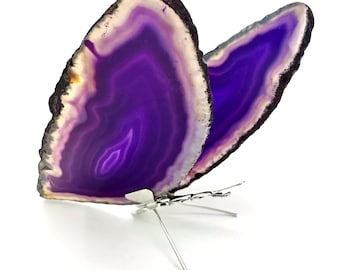 Achat-Scheibe mit lila Schmetterlingsmotiv, Natürliche Achat-Dekoration, Schmetterlingsflügel-Wohndekoration, Achat-Geode, Lila Achat, GemMartUSA (BFLY-10004)