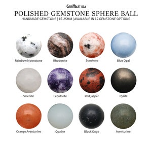 May include: Twelve polished gemstone sphere balls, each measuring 15-25mm in diameter. The spheres are arranged in four rows of three, with each row representing a different gemstone. The gemstones include rainbow moonstone, rhodonite, sunstone, blue opal, selenite, lepidolite, red jasper, pyrite, orange aventurine, opalite, black onyx, and aventurine.