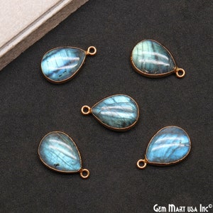 Labradorite Cabochon Pears Single Bail 24x15mm Gold Electroplated Gemstone Connector, GemMartUSA, (LB-50339)