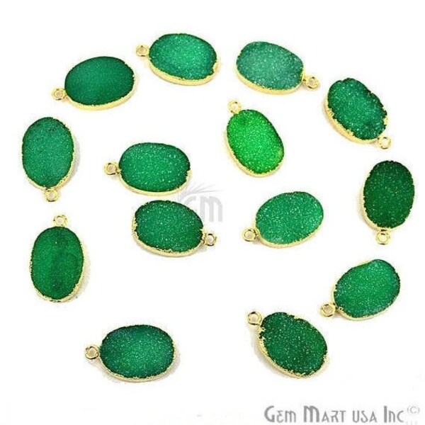 22k Gold Electroplated Green Druzy Connector, 13x18mm Oval Shape Druzy Gemstone Connector Pendant GemMartUSA (ZEG-11082)