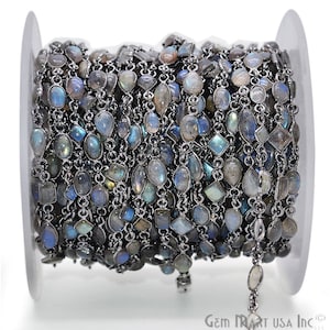 May include: A silver chain with iridescent blue and gray labradorite gemstone beads. The chain is wound around a spool.