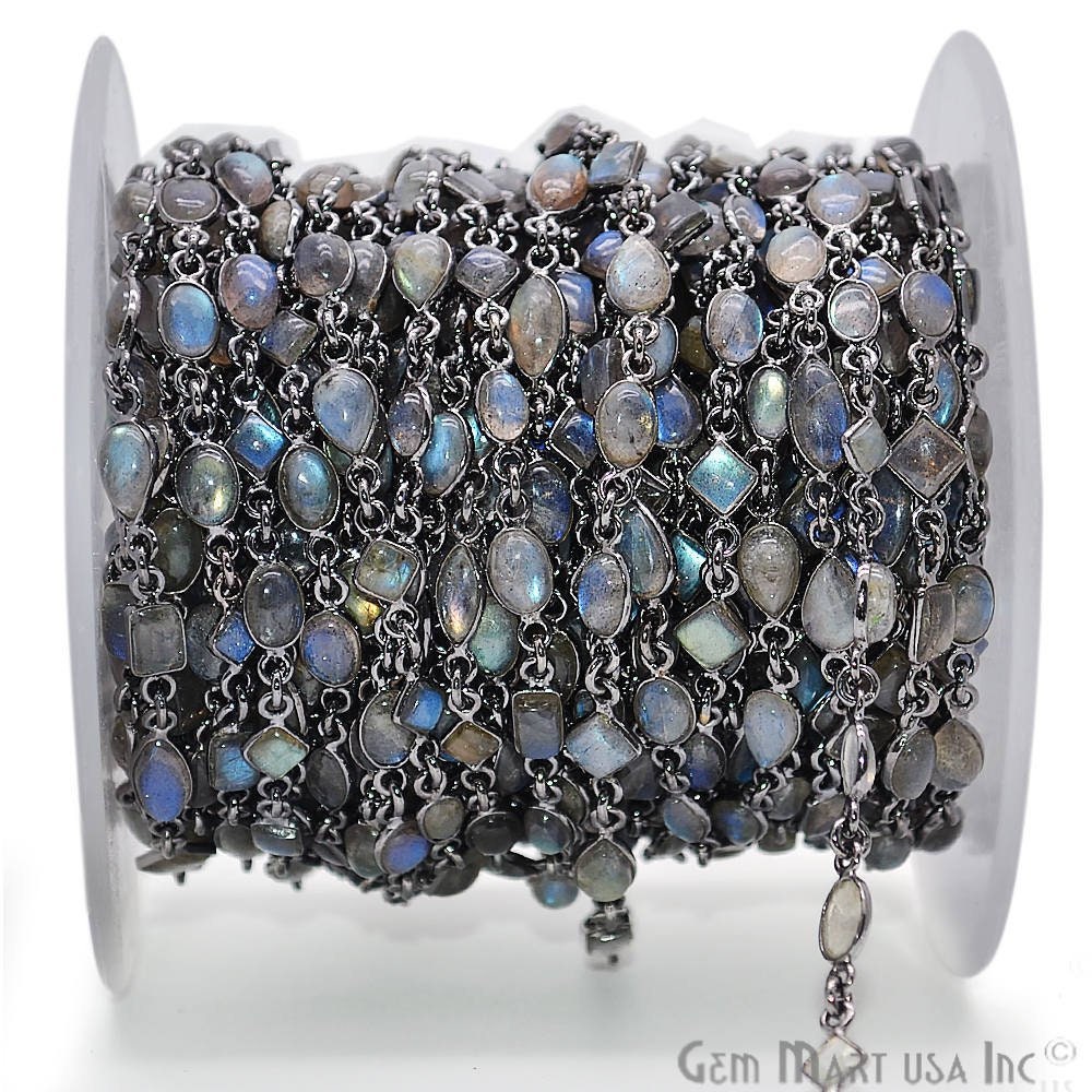 Labradorite Connector Beaded Chain, Oxidized Gemstone Connector Chain, Bezel Continuous Connectors Chain (BPLB-20013)