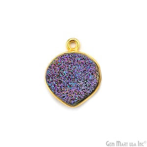 Natural Purple Druzy, Bezel Heart Shape Connector, 14mm Heart 24k gold Plated,Single Flat Bail 1pc GemMartUSA (PZ-11072)