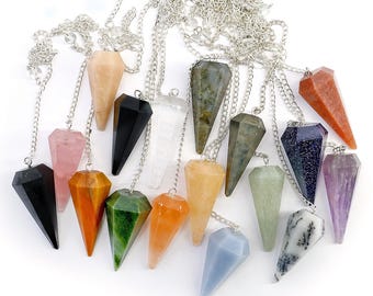 Crystal Pendulum, Healing Pendant, Dowsing Pointed Pendulum Pendant, Silver Plated Chain, Faceted Dowser Pendulum 44X16MM (14007)