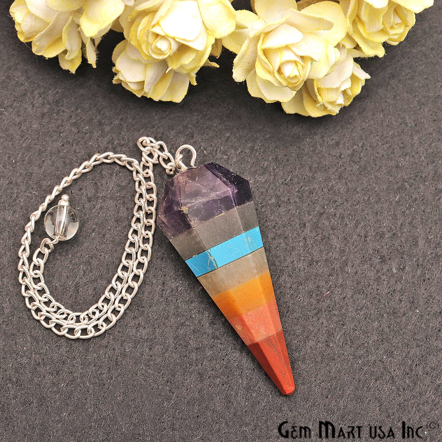 Seven Chakra Crystal Dowsing Pendulum - Natural Gemstone