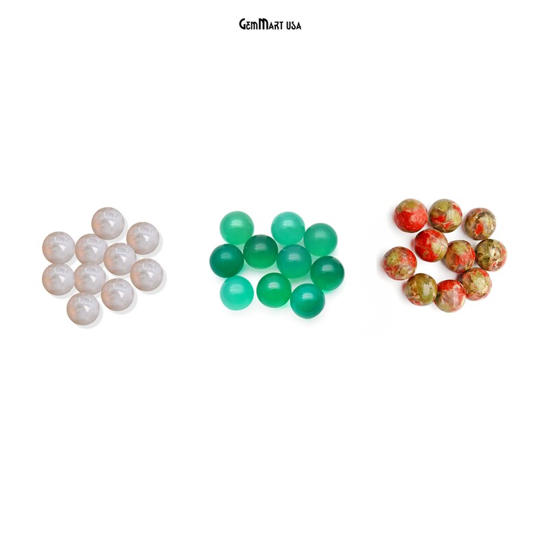 May include: Three sets of round gemstone beads. The first set is white, the second set is green, and the third set is red, green, and brown.