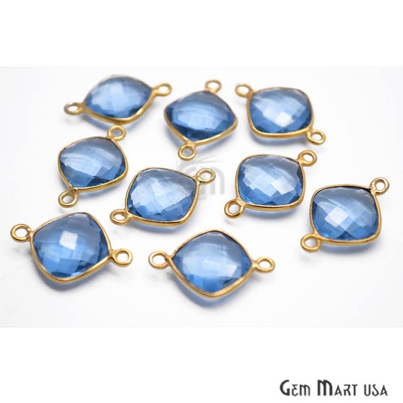 Swiss Blue Topaz Bezel Connector, 10mm Cushion Shape 24k