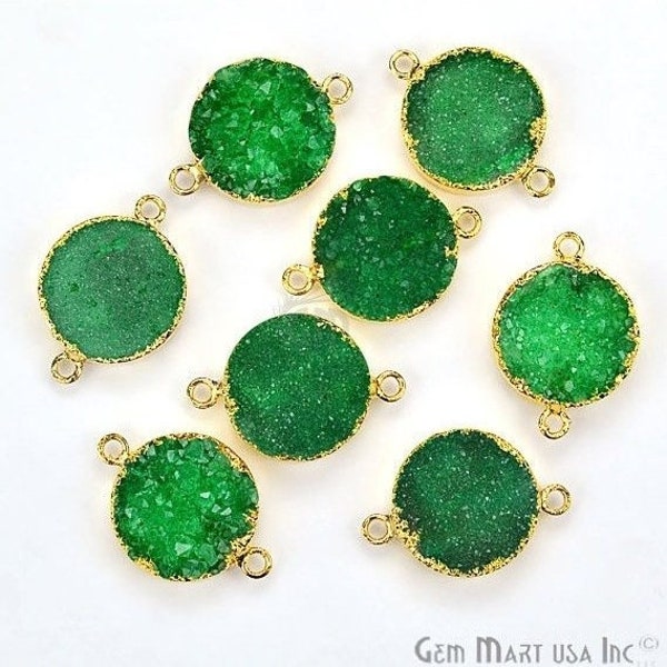 22k Gold Electroplated Green Druzy Connector, 16mm Round Shape Druzy Gemstone Connector Pendant 1pc GemMartUSA (ZEG-11158)