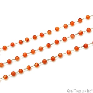 Carnelian Cabochon Rosary Chain, 6-7mm Carnelian Round Gemstone Beads, Gold Plated Rosary Chain, GemMartUSA, (GPCN-30142)