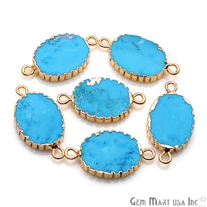 May include: Six oval turquoise gemstone connector charms with gold-toned metal accents. Each charm has two jump rings for attaching to jewelry.