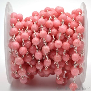 Pink Peach Jade Rosary Chain, 8mm Silver Plated Wire Wrapped Link Rosary Chain GemMartUSA (SPPI-30013)