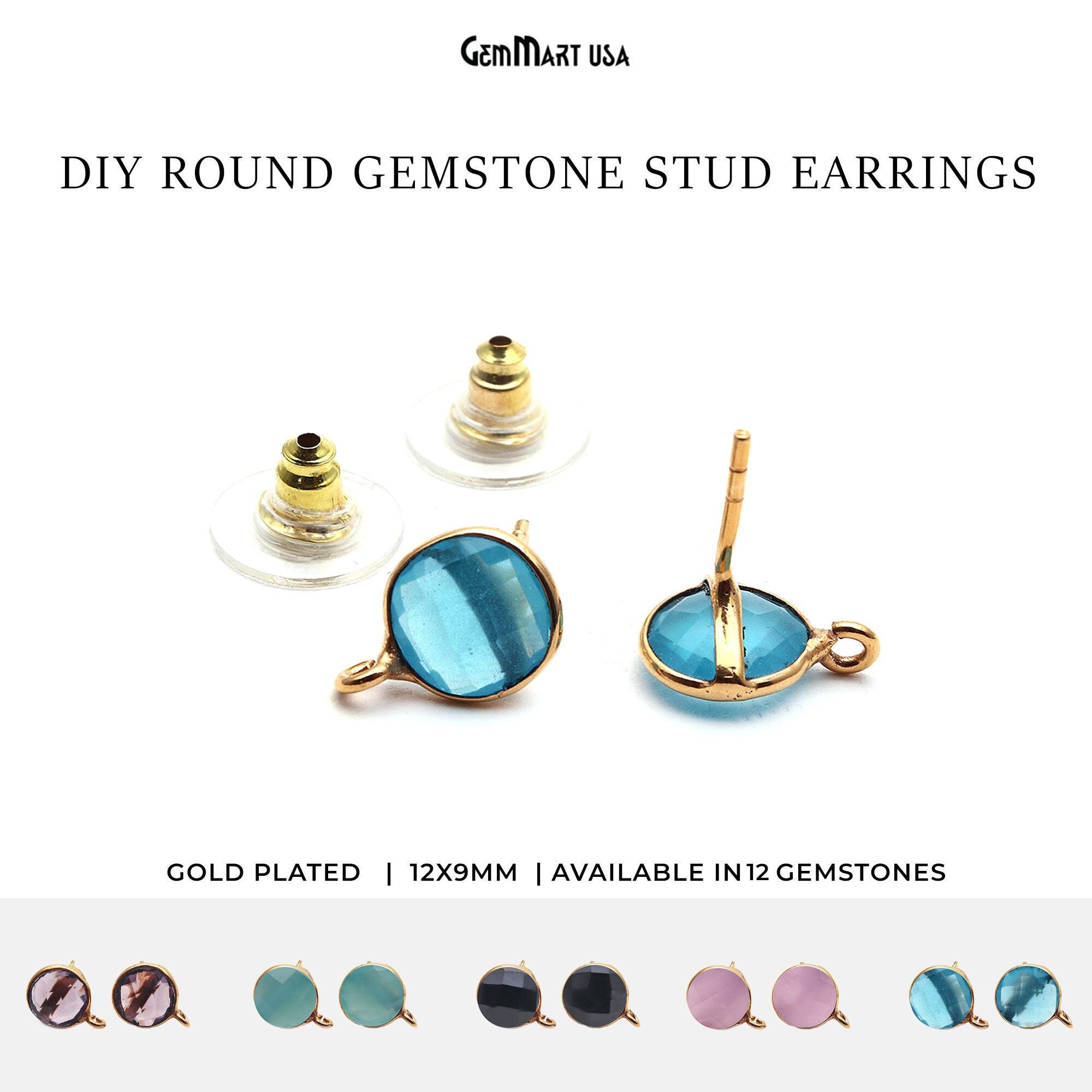 Round Gemstone Stud Earrings 12x9mm Faceted Gemstone Gold Etsy