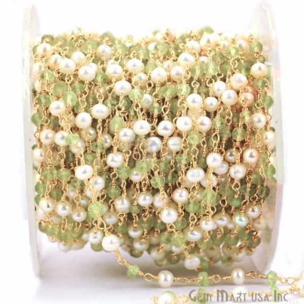 Peridot, Freshwater Pearl, 3-3.5mm Rosary Bead Chain, Gold Plated, Silver or Gunmetal Wire Wrapped Link Chain, Jewelry supplies, (30007)