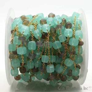 Aqua Chalcedon Rosenkranz Kette, vergoldete Perlenkette, Labradorit Rosenkranz Kette, Perlenkette, Schmuckherstellung, GemMartUSA (GPQL-30093)