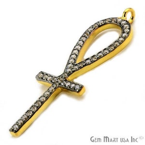 Cubic Zircon Pave 'Ankh Cross' Charm in Gold Vermeil 37mmx13mm size GemMartUSA (CHWS-40027)