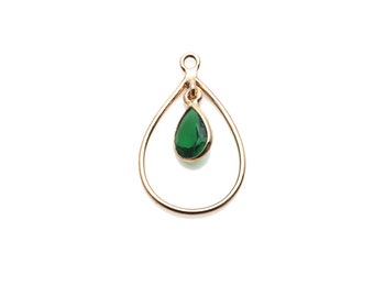 Emerald Dangle Hoop Pendant, Gold Plated, Gold Earring Charms, Single Bail, Pendant Connector, Size 25x15mm (GPHE-50404)