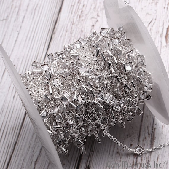 White Zircon Connector Chain, Continuous Connector Chain, Silver Plated Necklace Chain, Jewelry Making Supplies, GemMartUSA (SPWT-20048)