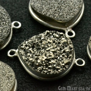 Natural Platinum Druzy, Bezel Heart Shape Connector, 16mm Heart Silver Plated, Double Bail 1pc   GemMartUSA (MZ-11172)