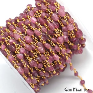 Pink Tourmaline Rosary Chain, Rondelle beads Chain, Gold Plated Chain, Jewelry Making Supplies, GemMartUSA (GPTO-30044)