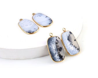 Dendrite Opal Octagon Earring, Gold Plated Smooth Slab Slice Thick Gemstone Connector, DIY Birthstone Charm, 30x16mm, GemMartUSA, DO-90001