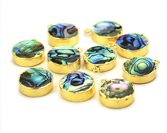 22k Gold Electroplated Abalone, 14mm Round Single Bail Gemstone Charms Necklace Connector/Pendant GemMartUSA (SEE-10091)