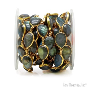 Labradorite Cabochon Gemstone, Gold plated, 12x16mm, Pears Shape Rosary Bezel Chain, GemMartUSA, (GPLB-20106)