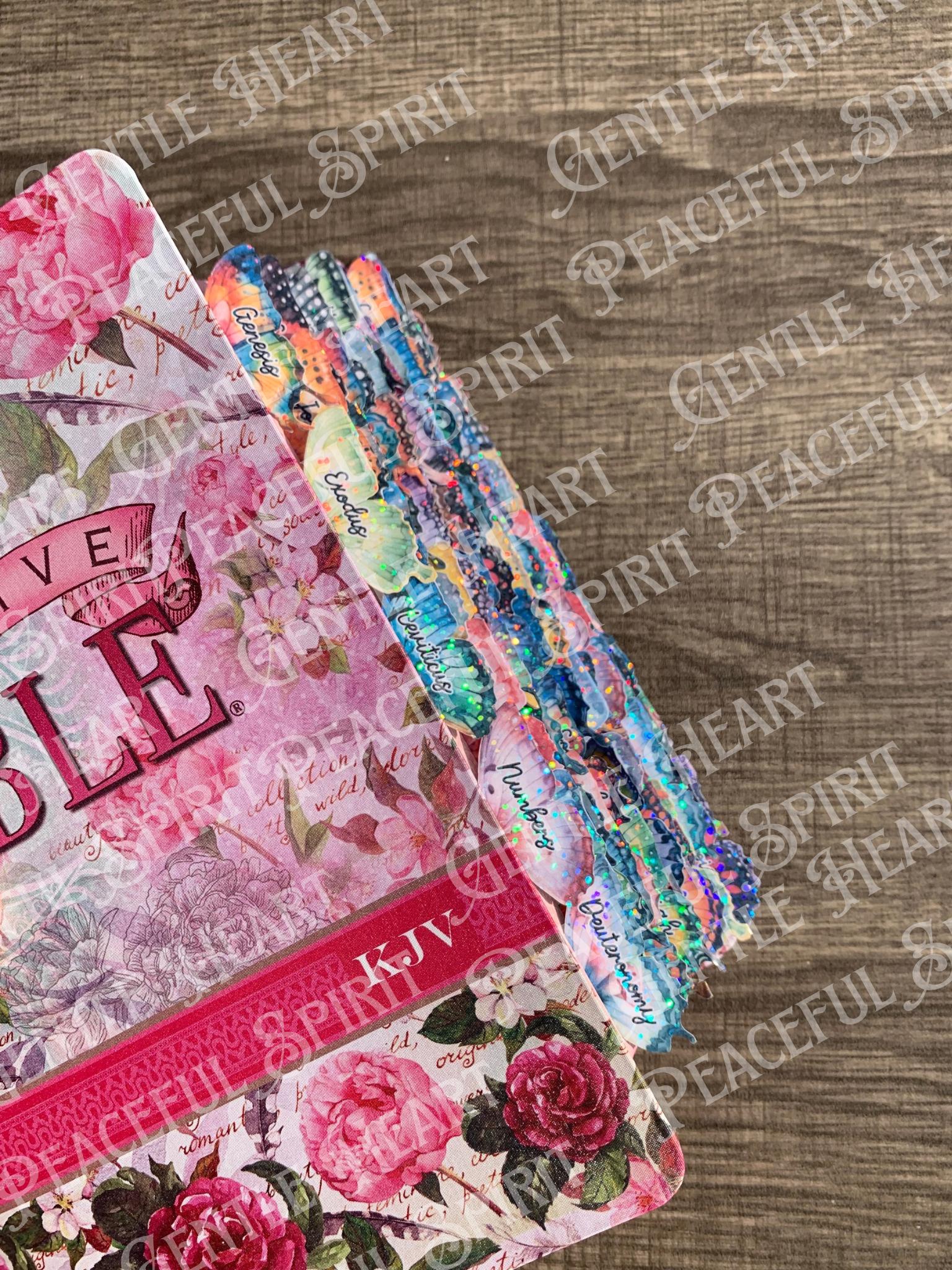 RARE! Sparkly Butterfly BIBLE TABS 66 chapters/English and Spanish or blank tabs *please provide Bible page length in personalization box*