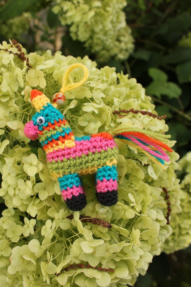 May include: A colorful crocheted pinata shaped like a donkey with a yellow loop for hanging. The pinata is decorated with red, orange, yellow, green, blue, and pink yarn. It has a white googly eye and a black nose.