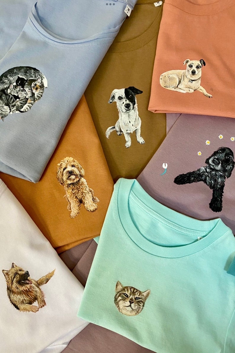 Hand Painted Pet Portrait Standard T-shirt, Personalised gift, unique custom pet portrait image 1