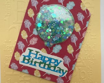 Happy Birthday Wishes handmade greeting card with Shaker Gift Tag birthday embossed design and multicolor shaker sequins inside balloon