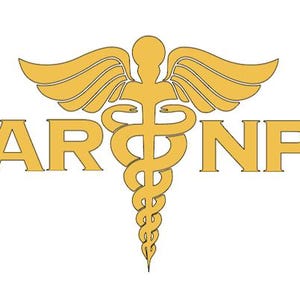 May include: A gold medical symbol with wings and a snake wrapped around a staff. The letters "ARNP" are below the symbol.
