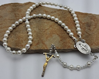 White Swarovski Glass Pearl Rosary 15"