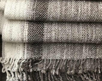 Hand Woven Alpaca-Wool Scarf - 72&quot;x16&quot; - Hand Spun - Beige-Brown-Off-White - Wide and Long