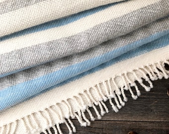 Hand Woven Alpaca-Merino Scarf - 75&quot;x17&quot; - White, Gray, and Blue - Wide, Long, and Light!