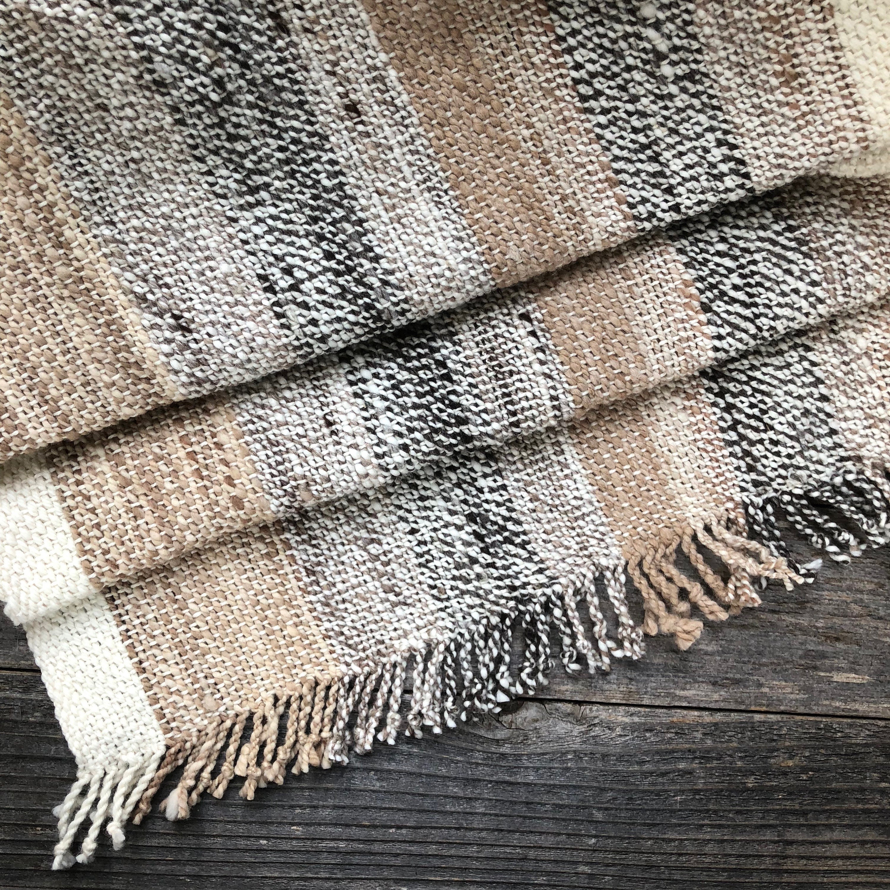 Hand Woven Alpaca-Wool Scarf - 66"x16" - Beige-Brown-Off-White - Wide and Long