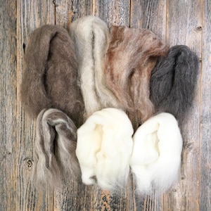 May include: Assortment of wool roving in various shades of brown, gray, and white. The wool is arranged in a semi-circle on a wooden surface.
