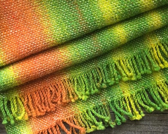 Hand Woven Wool Scarf: Green, Yellow, Orange - 66&quot;x18&quot;