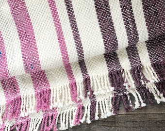 Hand Woven Alpaca-Wool Scarf - 68&quot;x18&quot; - Pink-Purple-Off-White - Wide and Long