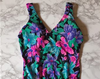 neon bright floral swimsuit | 1980s one piece maillot swimsuit
