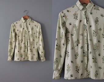 1970s mod blouse | avocado green blouse | imperfect butterflies print top