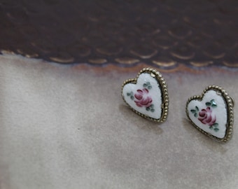 Coro heart enamel earrings vintage clip on heart earrings shabby chic cottagecore earrings